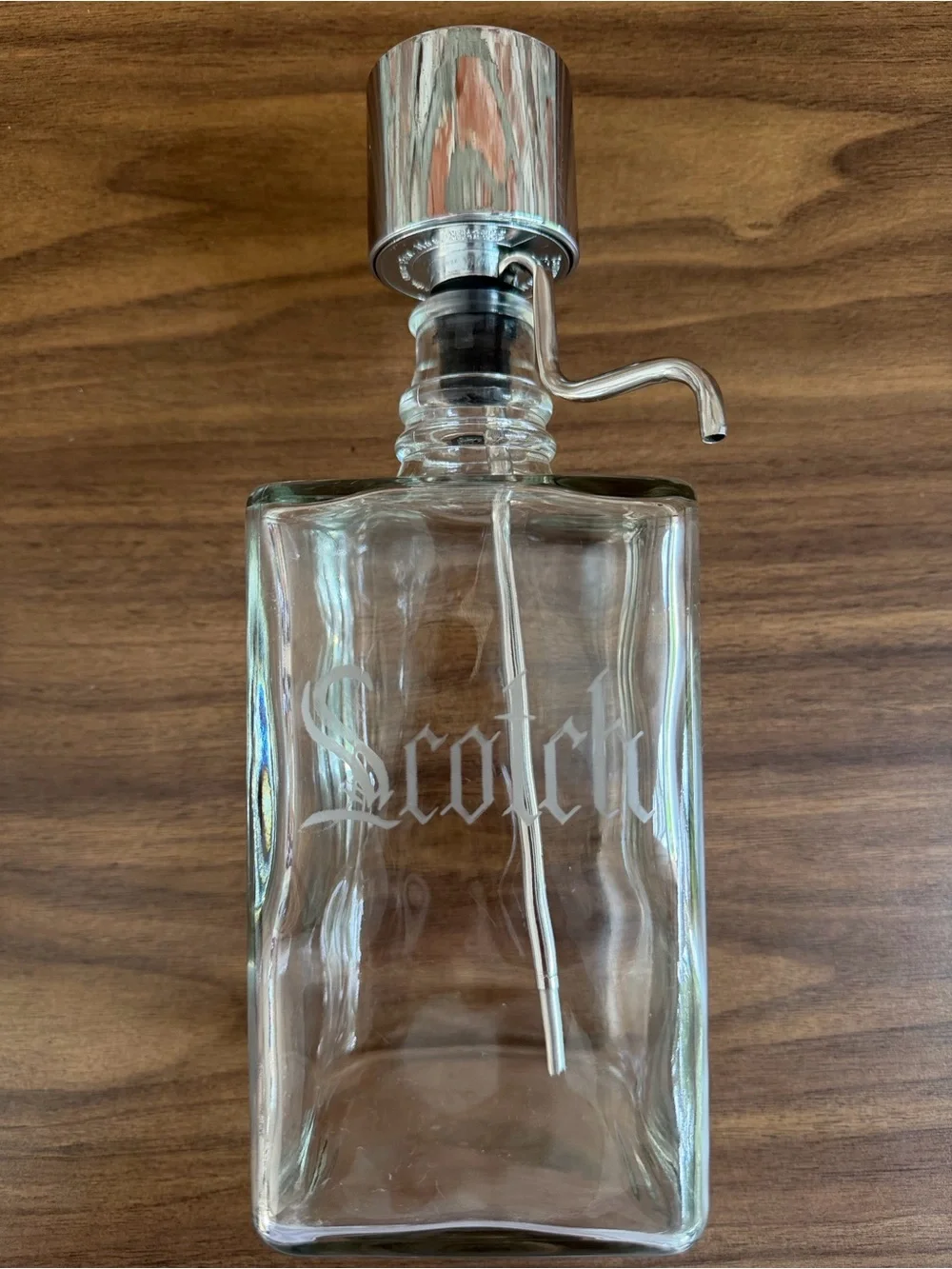 Vintage Scotch Glass Decanter Chrome Pump Dispenser MCM Barware